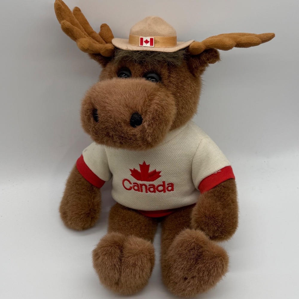 Vintage Canada Moose Plush Mountie Hat Shirt Brown Souvenir Stuffed Animal